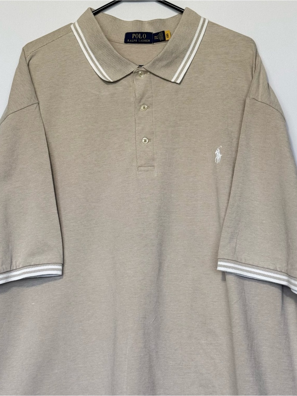 Ralph Lauren Beige Polo w/ White Trim 3XLT 95/5 Cotton Blend Breathable Stretch
